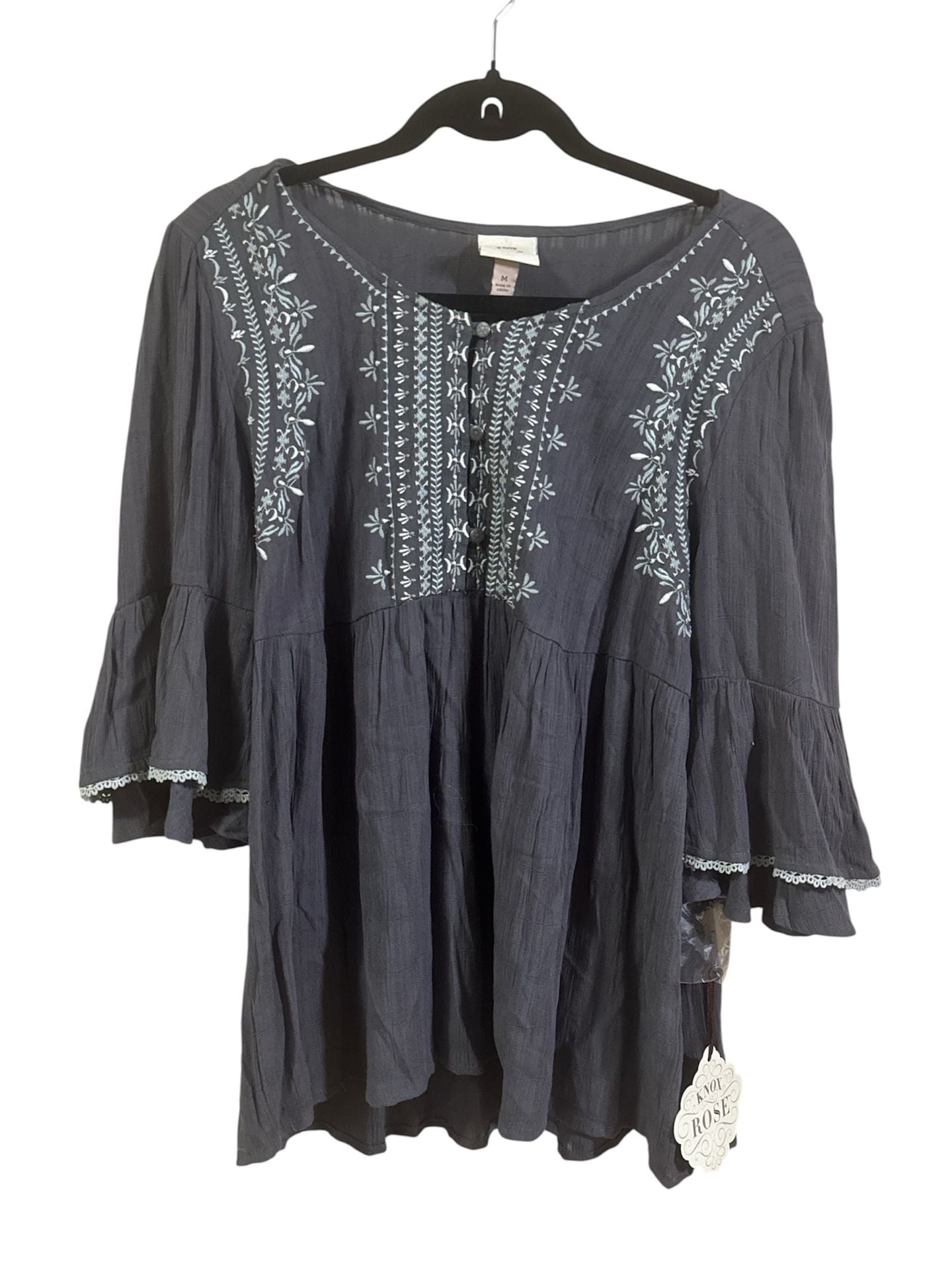 Knox Rose Embroidered Blouse Size M Gray Bell Sleeve Tunic Top 1