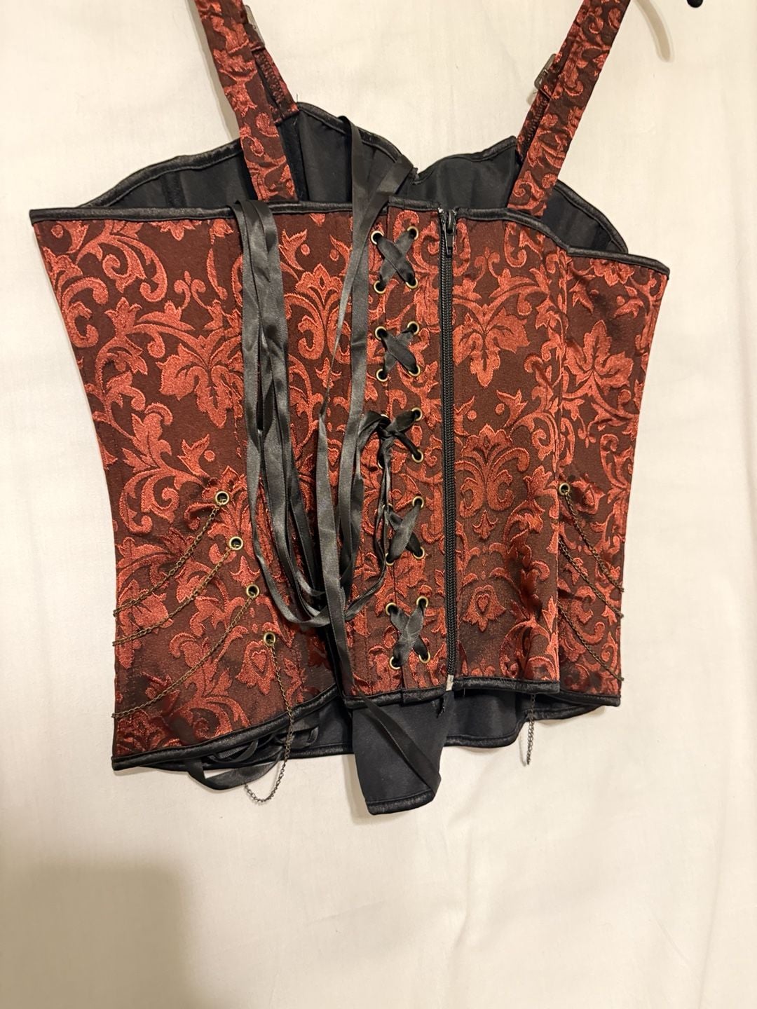 Red Brocade Corset Top with Chains and Straps 6