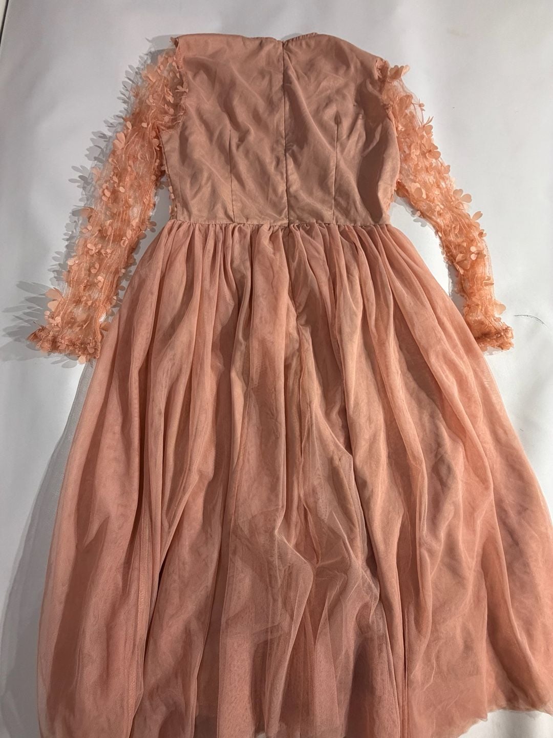 Blush Pink 3D Floral Applique Mesh Tulle Long Sleeve Midi Dress 7