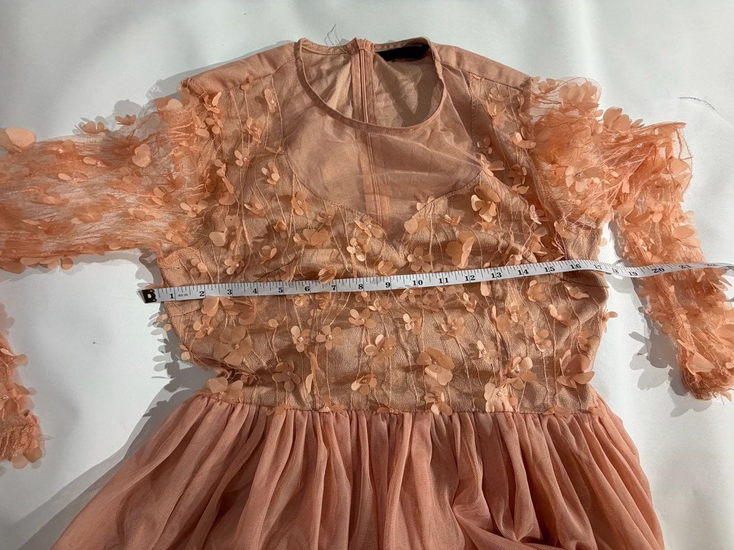 Blush Pink 3D Floral Applique Mesh Tulle Long Sleeve Midi Dress 8