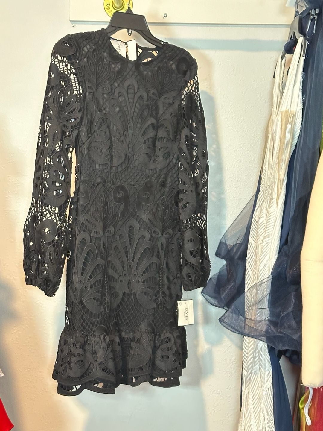 Black Crochet Lace Long Sleeve Ruffle Hem Cocktail Wedding Guest Dress Size 4 3