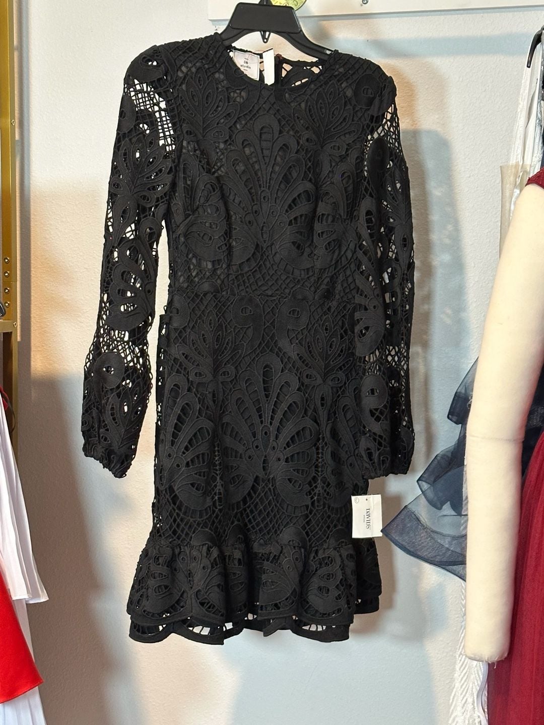 Black Crochet Lace Long Sleeve Ruffle Hem Cocktail Wedding Guest Dress Size 4 4