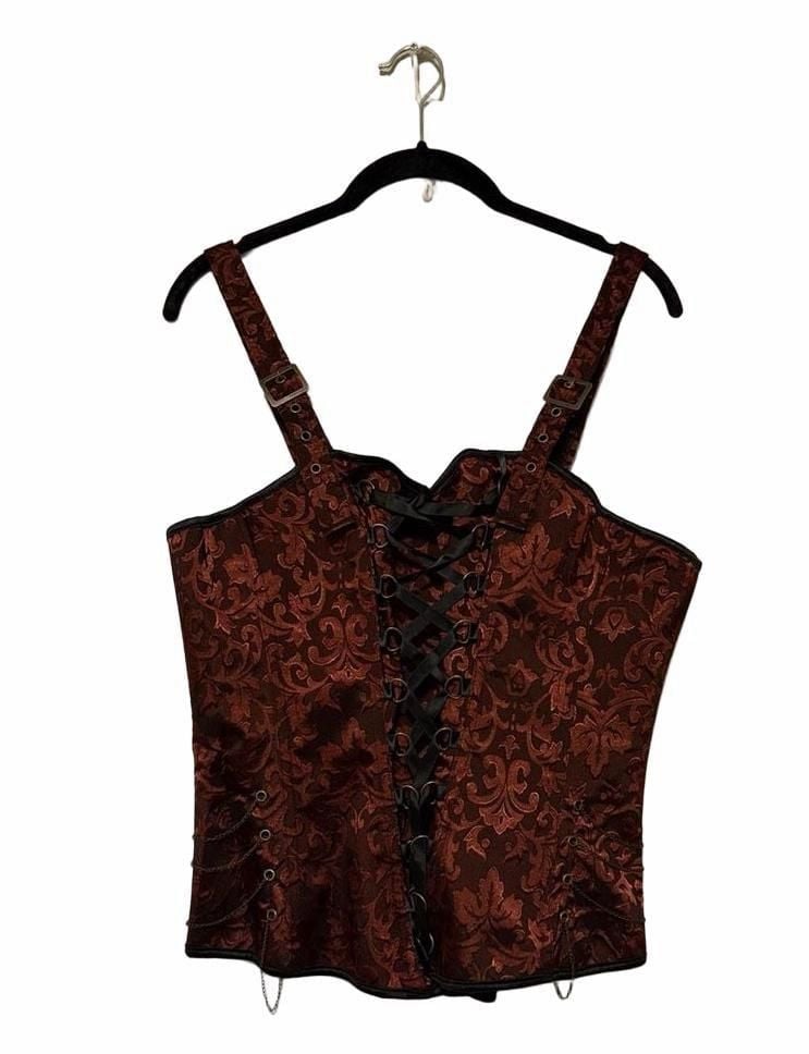 Red Brocade Corset Top with Chains and Straps 2