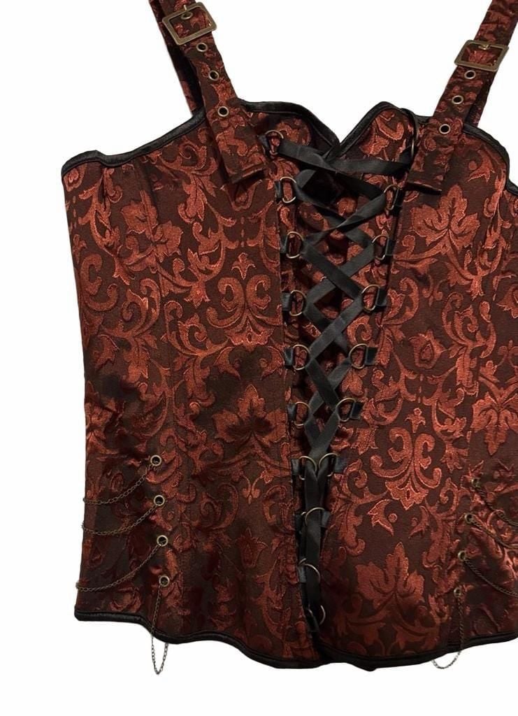 Red Brocade Corset Top with Chains and Straps 3