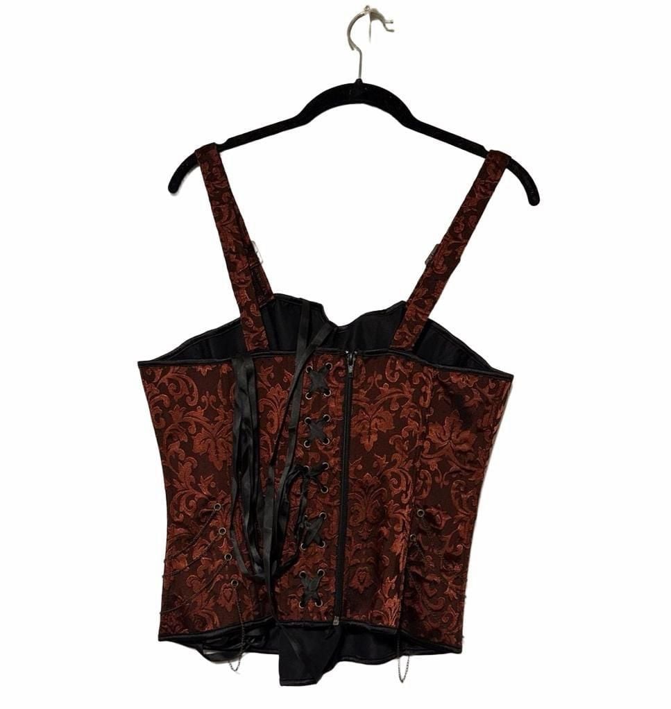 Red Brocade Corset Top with Chains and Straps 5