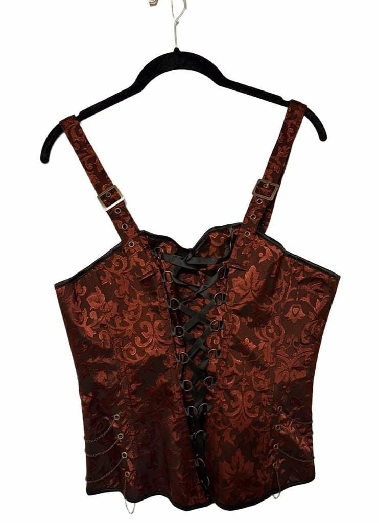 Red Brocade Corset Top with Chains and Straps 4