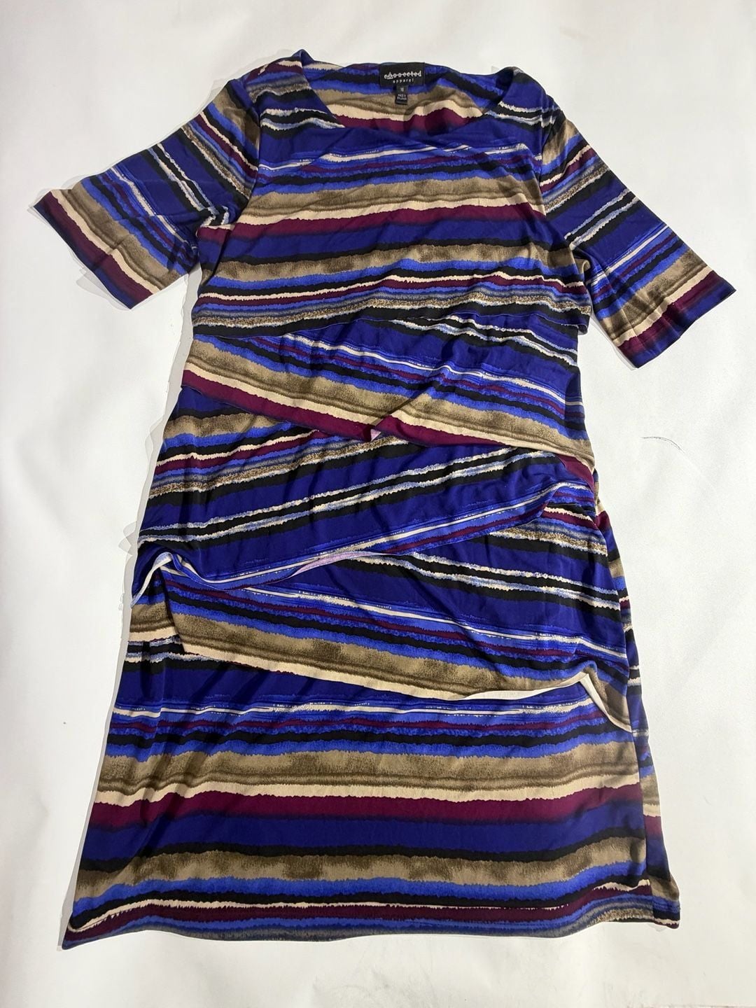Connected Apparel Blue Striped Tiered Short Sleeve Dress Size 16 2