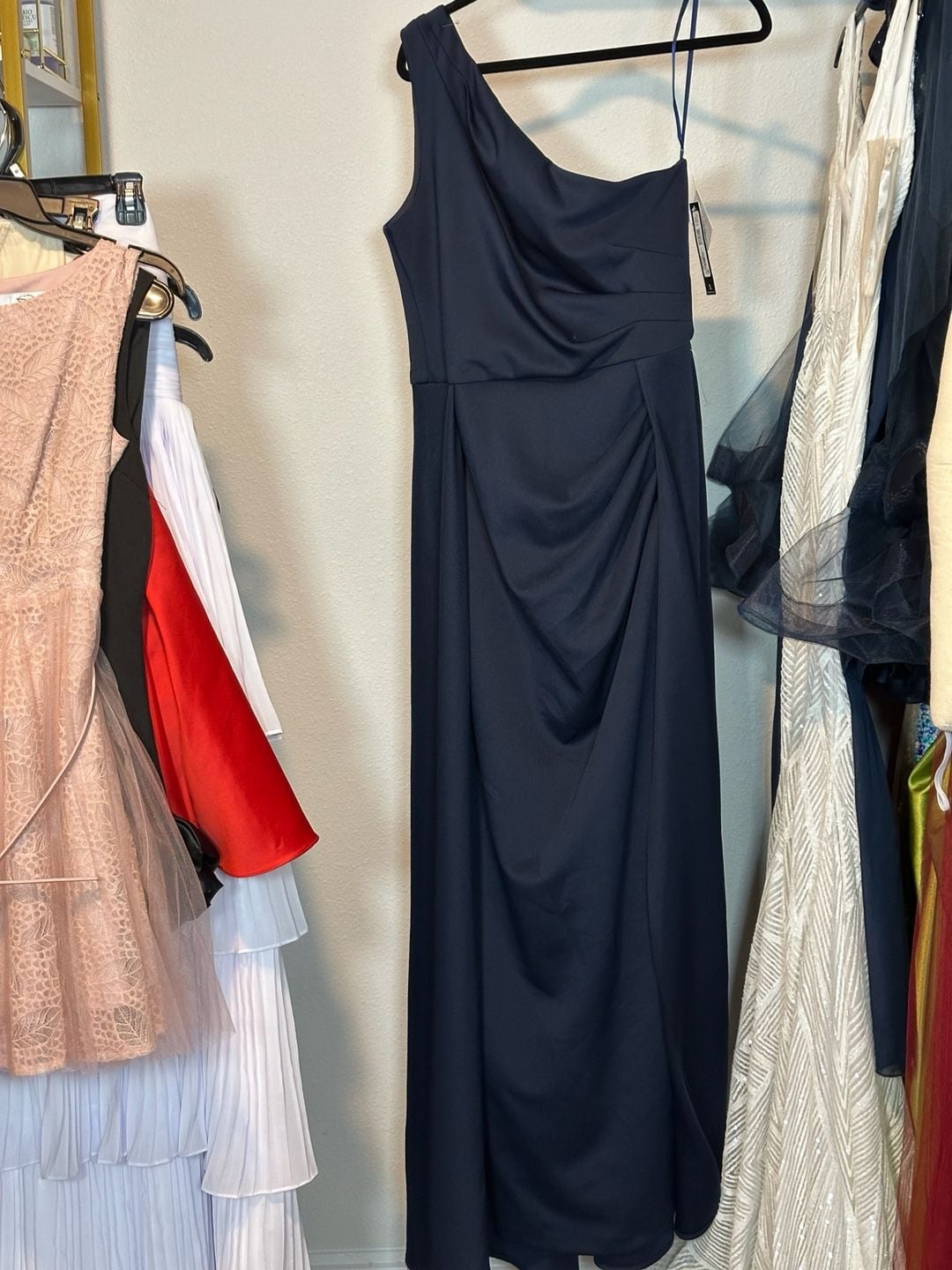 Xscape Navy Blue One Shoulder Cowl Neck Ruched Formal Evening Gown Size 12 4