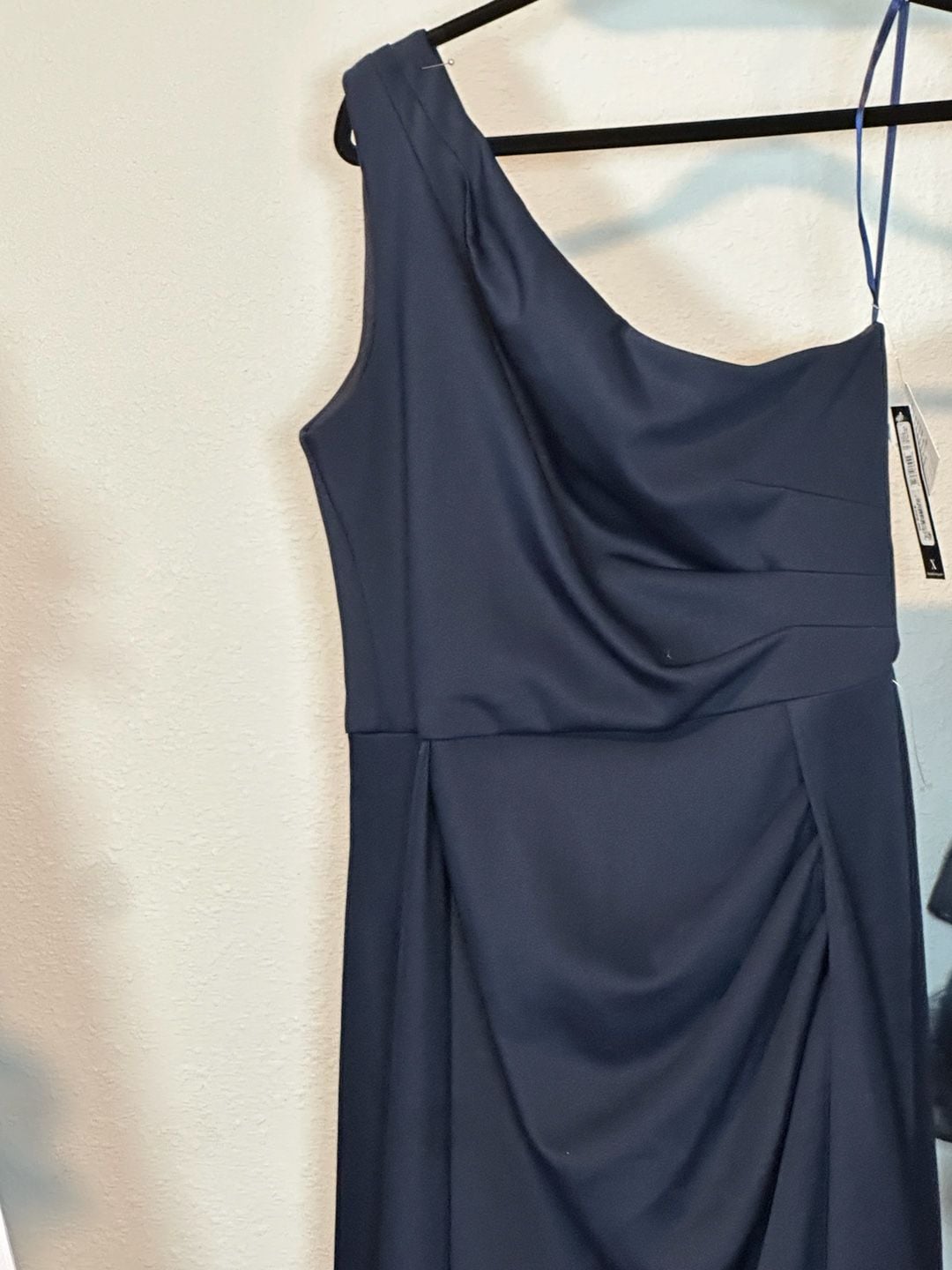 Xscape Navy Blue One Shoulder Cowl Neck Ruched Formal Evening Gown Size 12 5