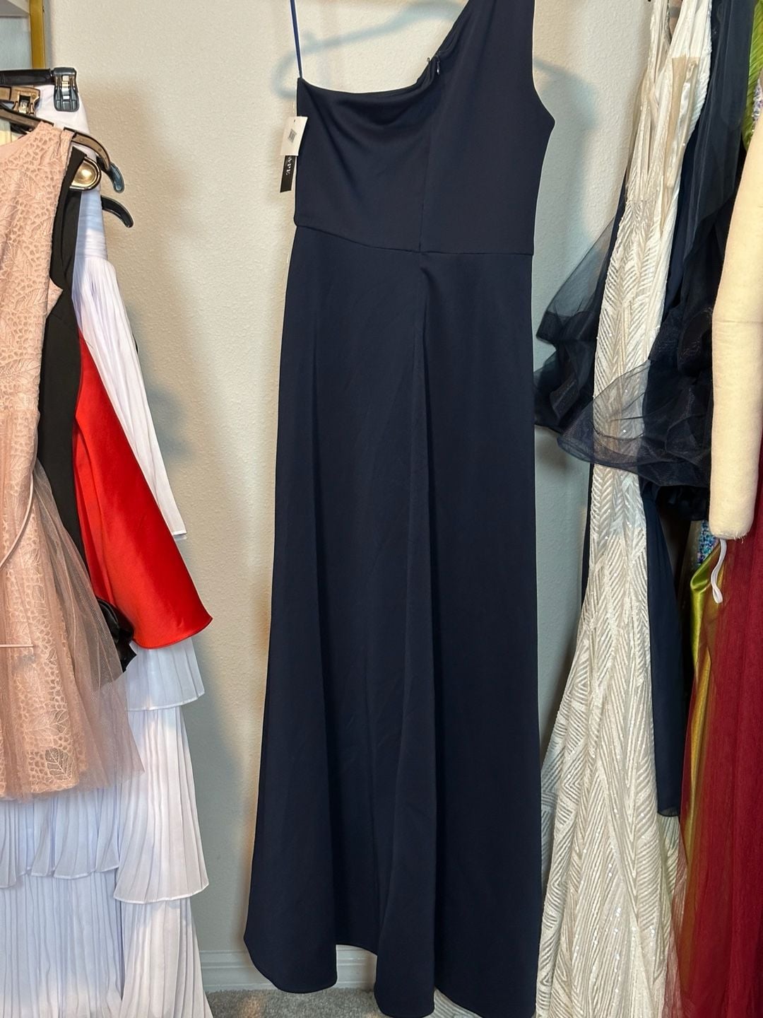 Xscape Navy Blue One Shoulder Cowl Neck Ruched Formal Evening Gown Size 12 7