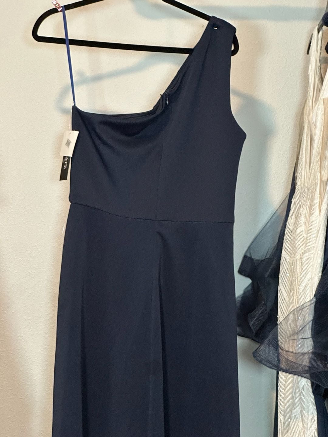 Xscape Navy Blue One Shoulder Cowl Neck Ruched Formal Evening Gown Size 12 8
