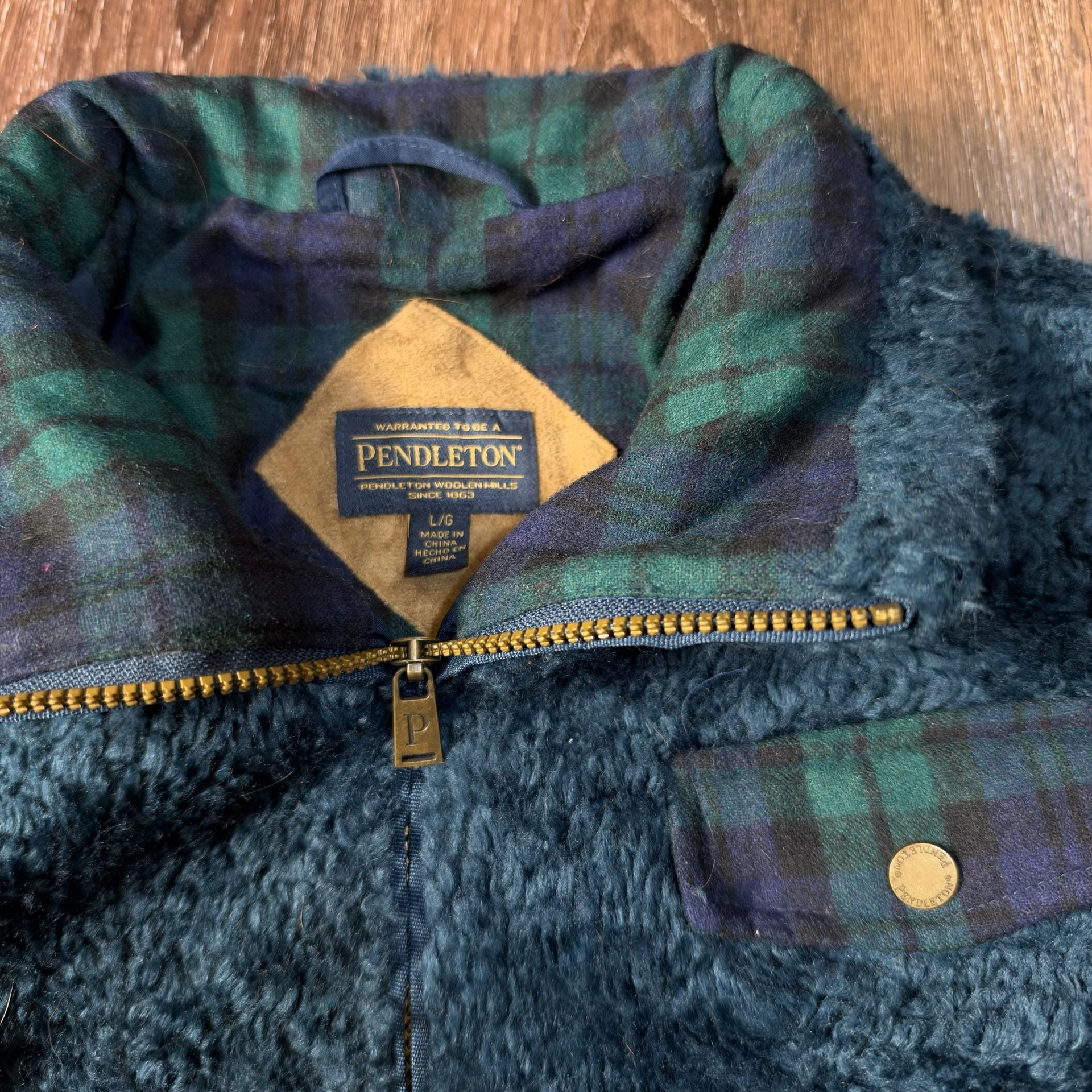 Vintage Essential Pendleton Sherpa Fleece Jacket Size L Green Plaid Full Zip 2