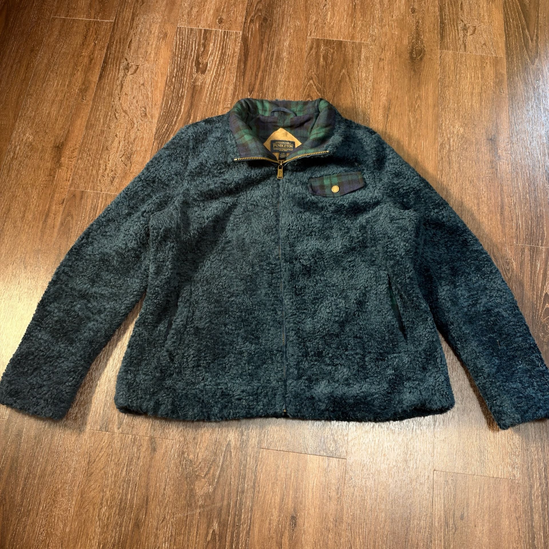 Vintage Essential Pendleton Sherpa Fleece Jacket Size L Green Plaid Full Zip 3