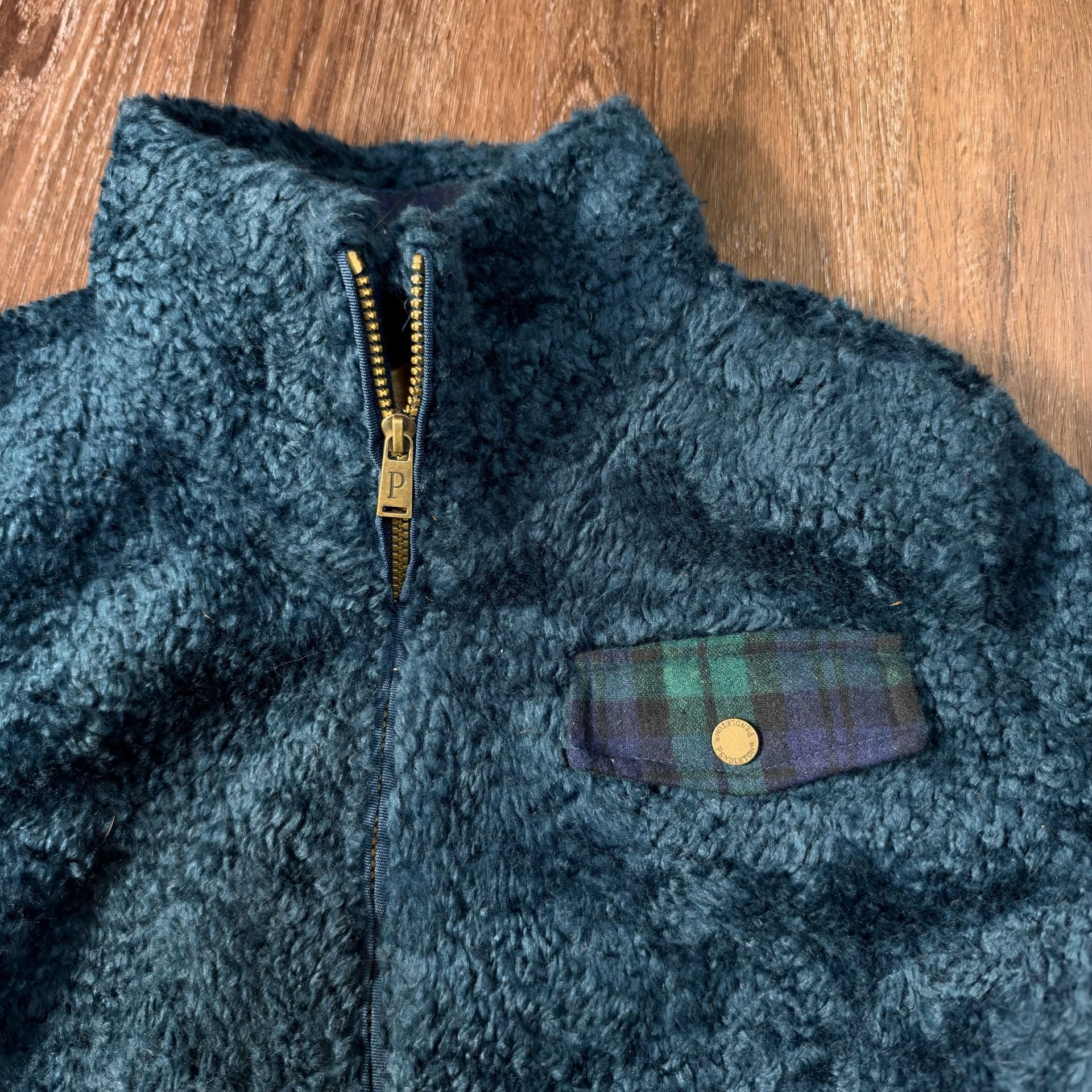 Vintage Essential Pendleton Sherpa Fleece Jacket Size L Green Plaid Full Zip 4