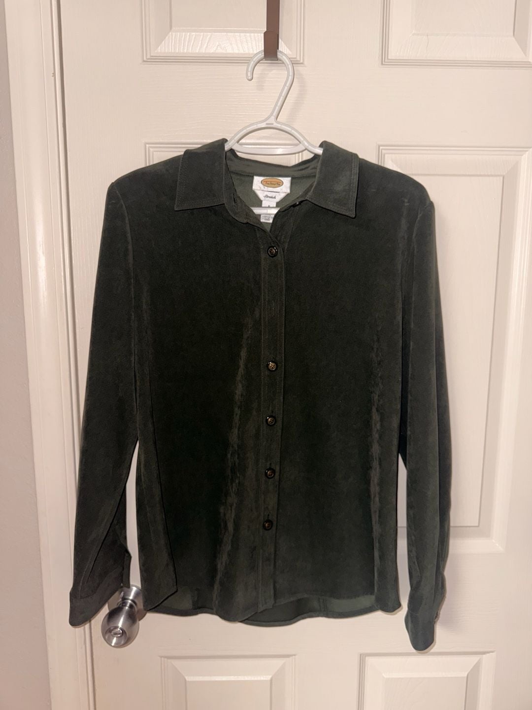 Talbots Button Down Shirt Size 6 Green Suede Stretch Long Sleeve 2