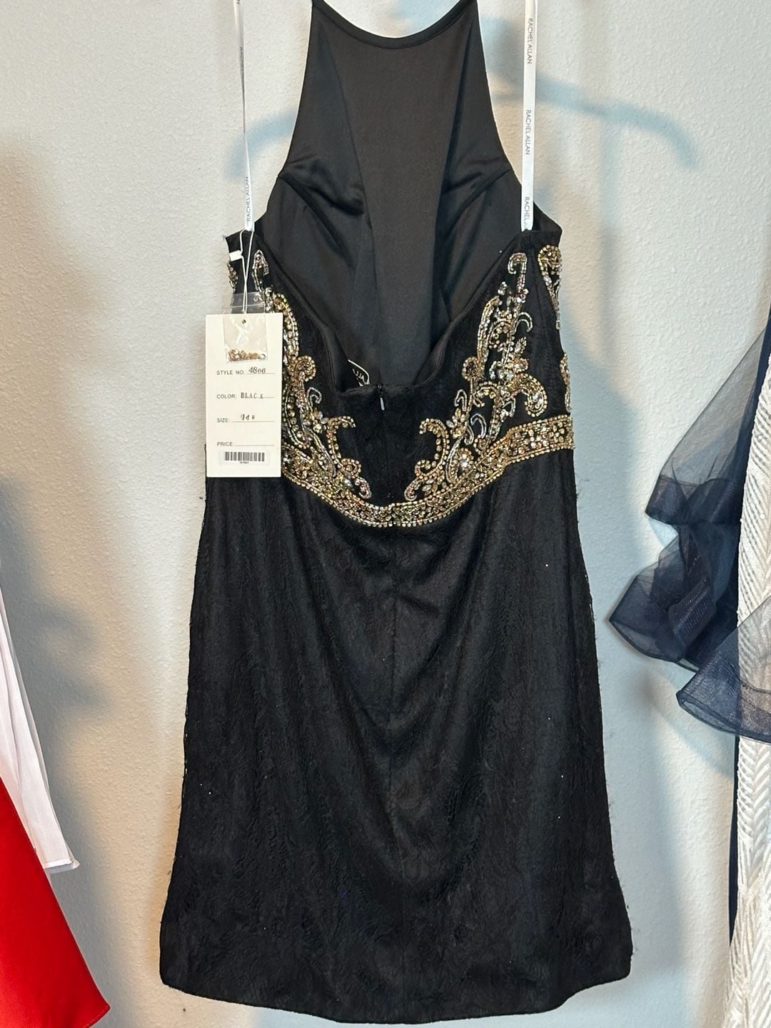 Rachel Allan Black Lace Gold Beaded Halter Cocktail Wedding Guest Dress Size 14 8