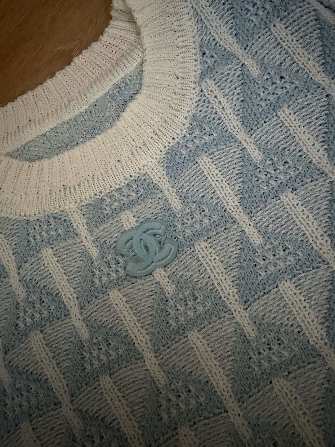 Inspired Knit Short Sleeve Sweater Blue White CC Logo 3