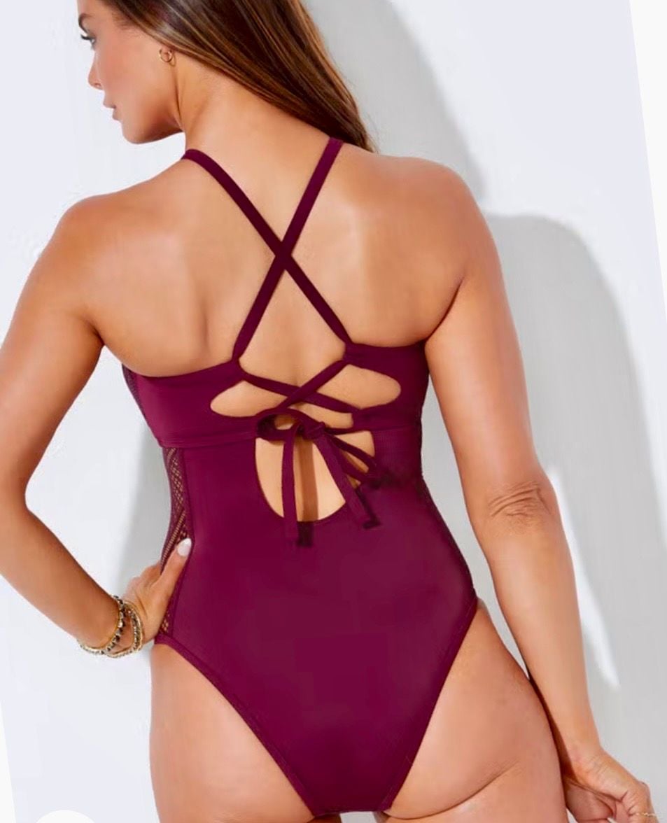 Swimsuits For All-High Neck One Piece Swimsuit- Burgundy Crochet- Size 18 (NWT) 4