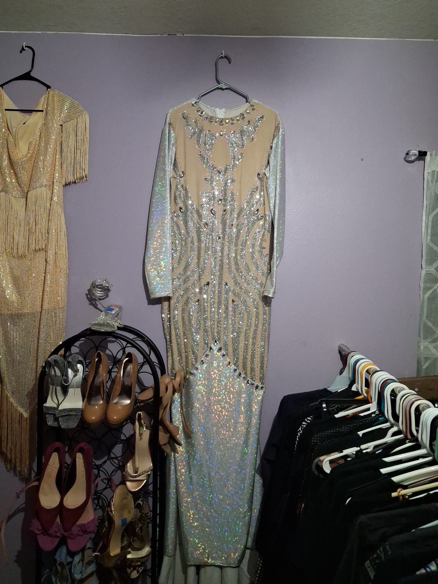 Long Sleeve Rhinestone Embellished Illusion Evening Gown 2