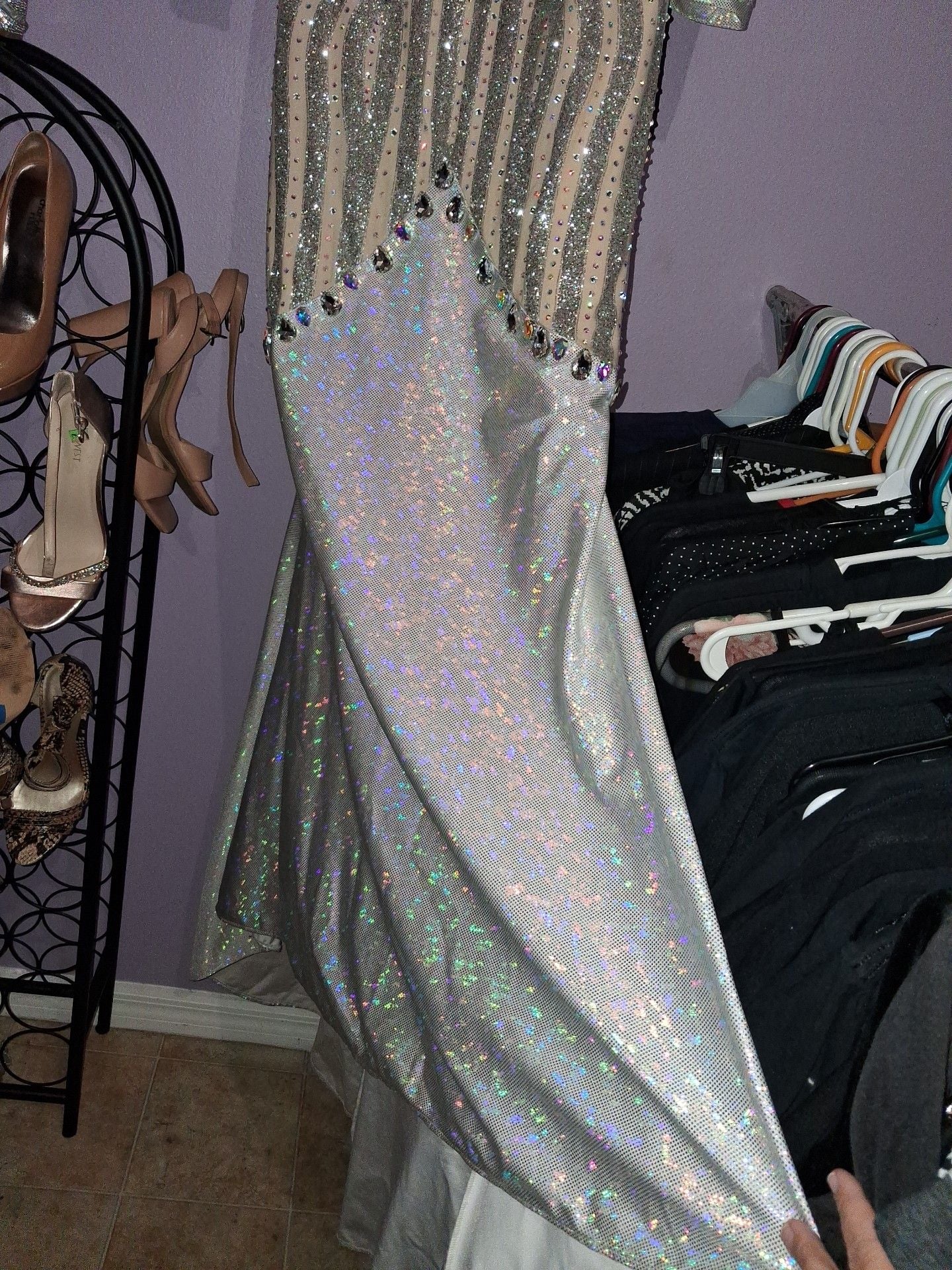 Long Sleeve Rhinestone Embellished Illusion Evening Gown 12