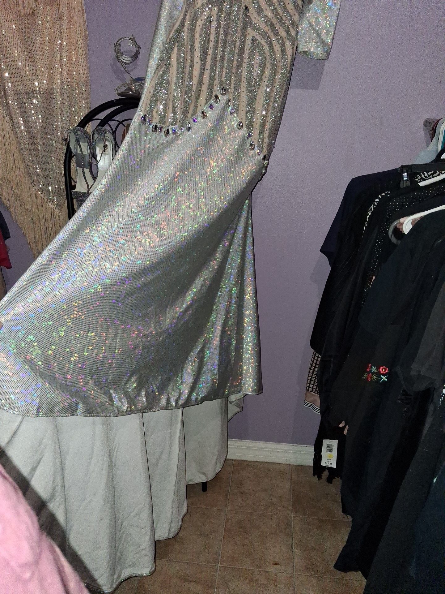 Long Sleeve Rhinestone Embellished Illusion Evening Gown 13