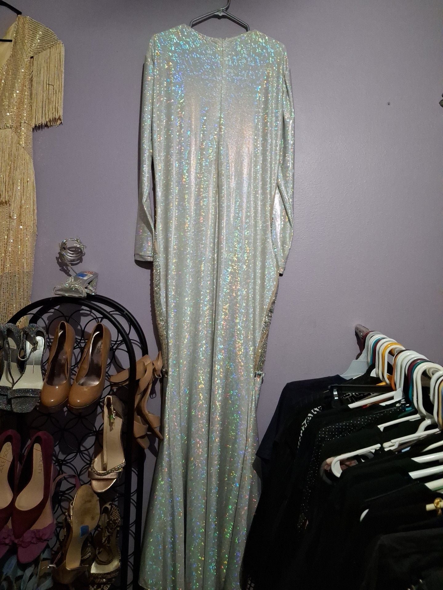 Long Sleeve Rhinestone Embellished Illusion Evening Gown 14