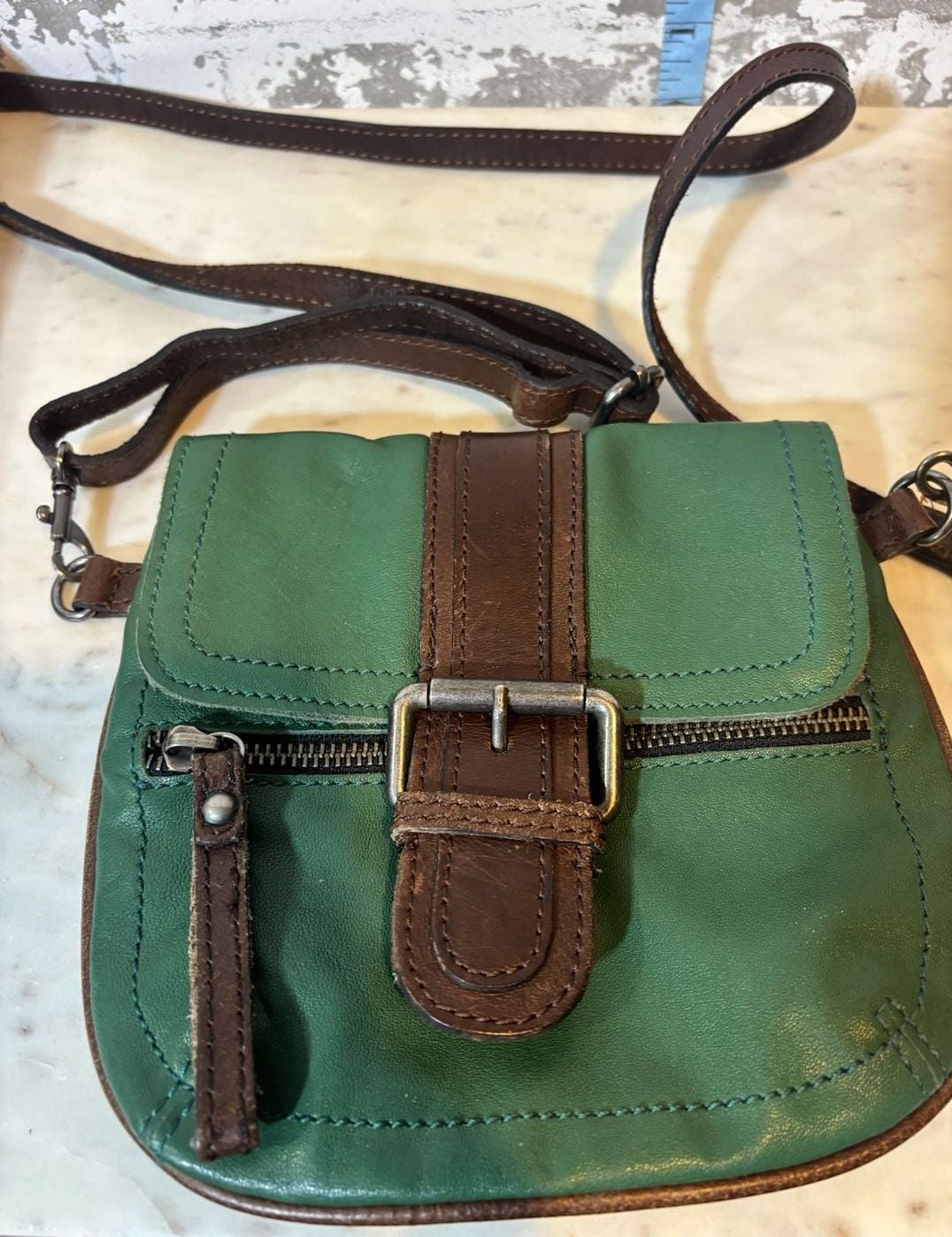 VTG 70'S 80'S TANO Green Leather SM/ Crossbody Purse Bag (7''X6.5 ... 2