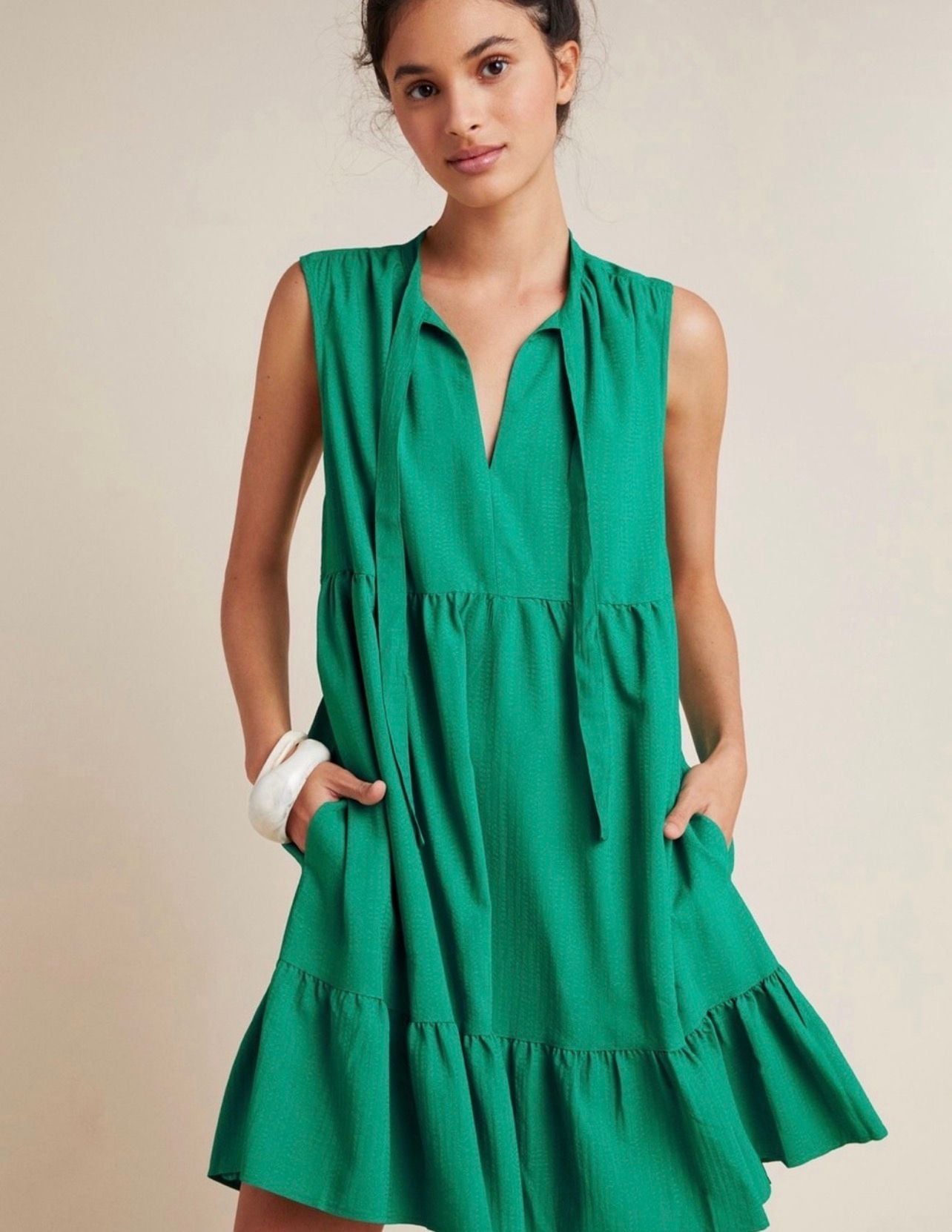 Maeve by Anthropologie Tiered Dress Size Medium Green Sleeveless Mini 2
