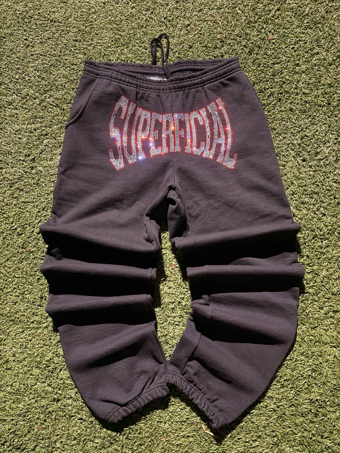 Superficial Rhinestone Graphic Sweatpants Black 1