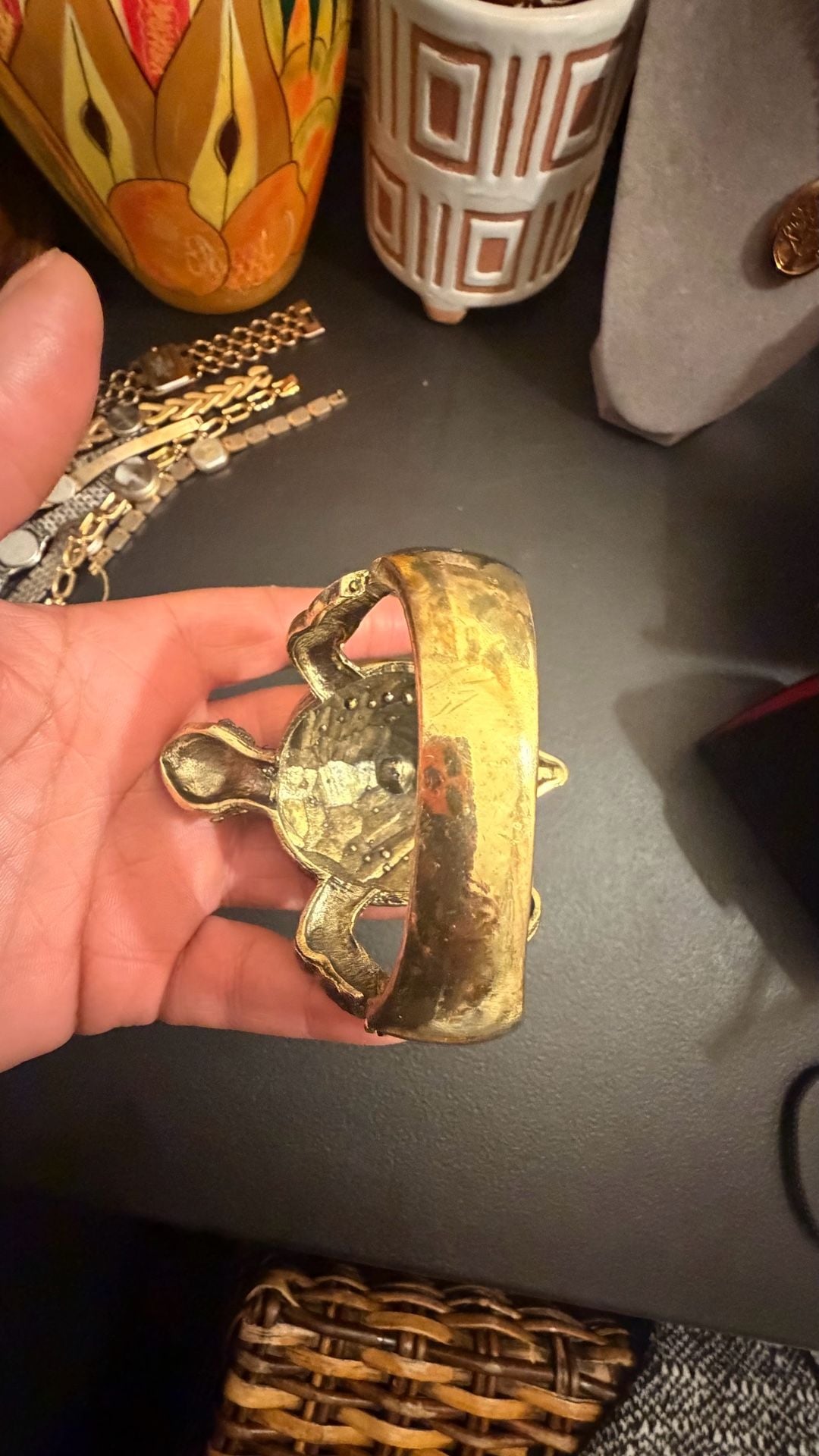 Vtg Rhinestone Turtle Hinged Bangle Bracelet 4