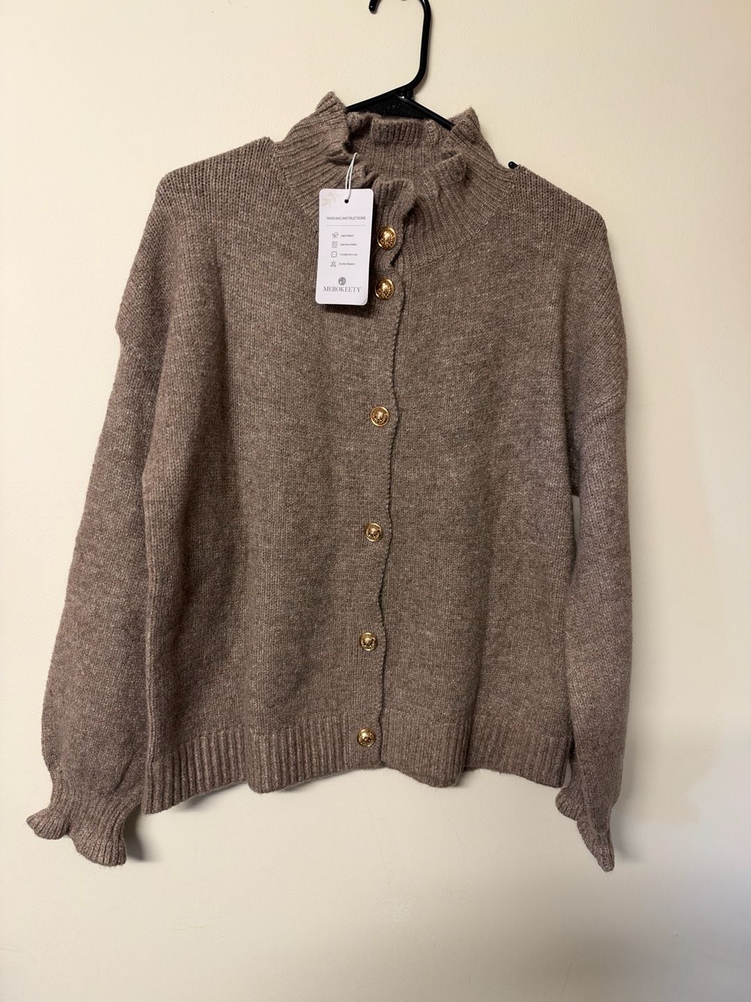 MEROKEETY Cardigan Sweater Brown Gold Buttons 2