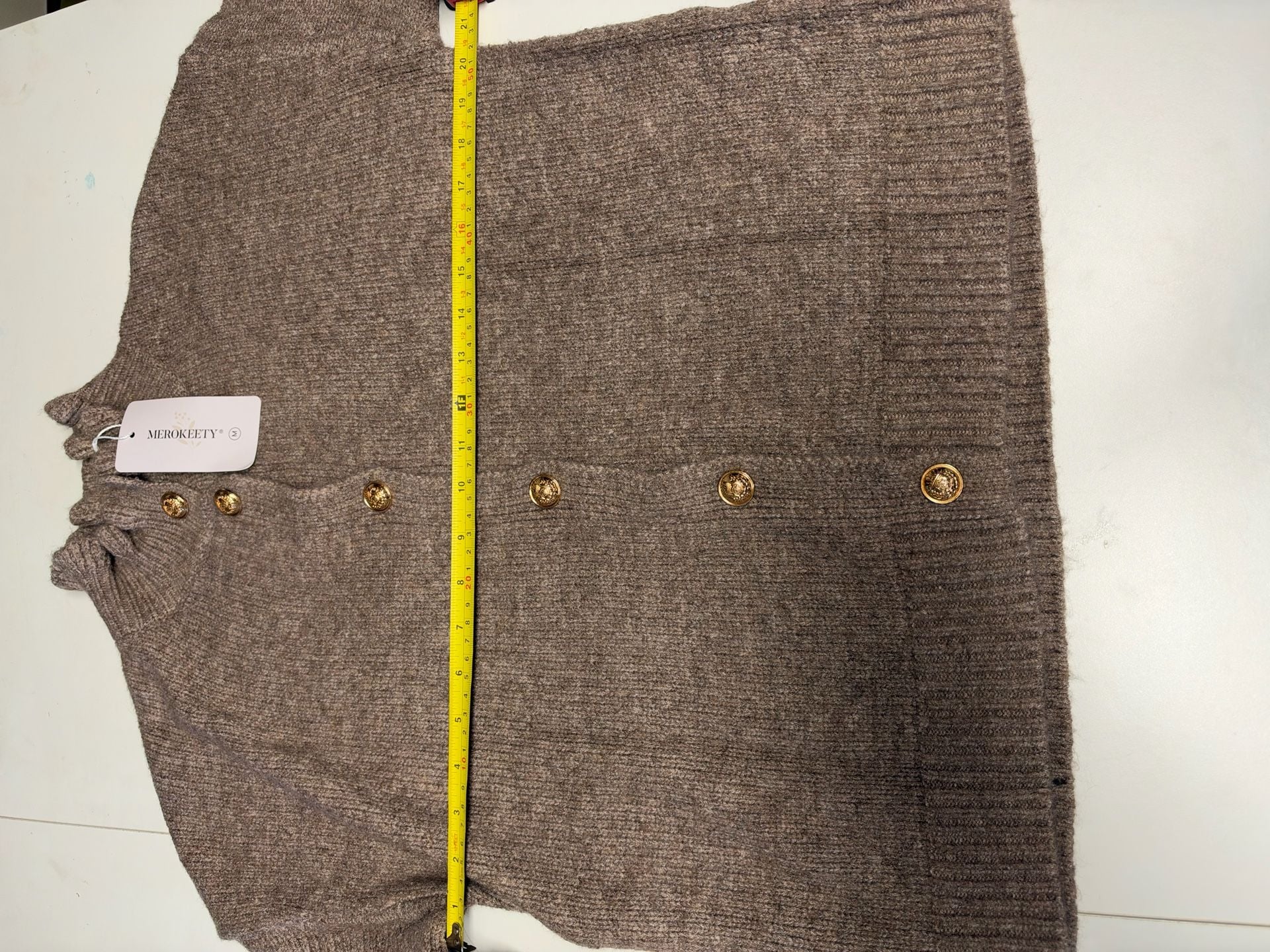 MEROKEETY Cardigan Sweater Brown Gold Buttons 4