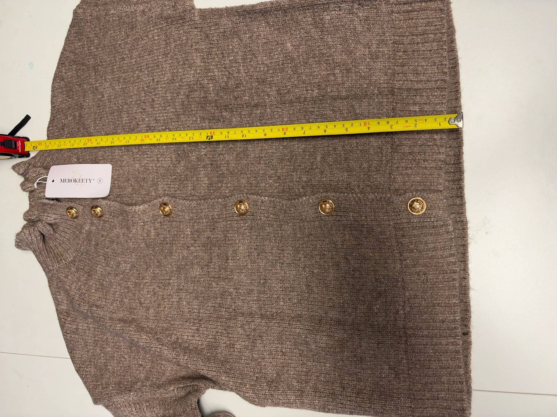 MEROKEETY Cardigan Sweater Brown Gold Buttons 5