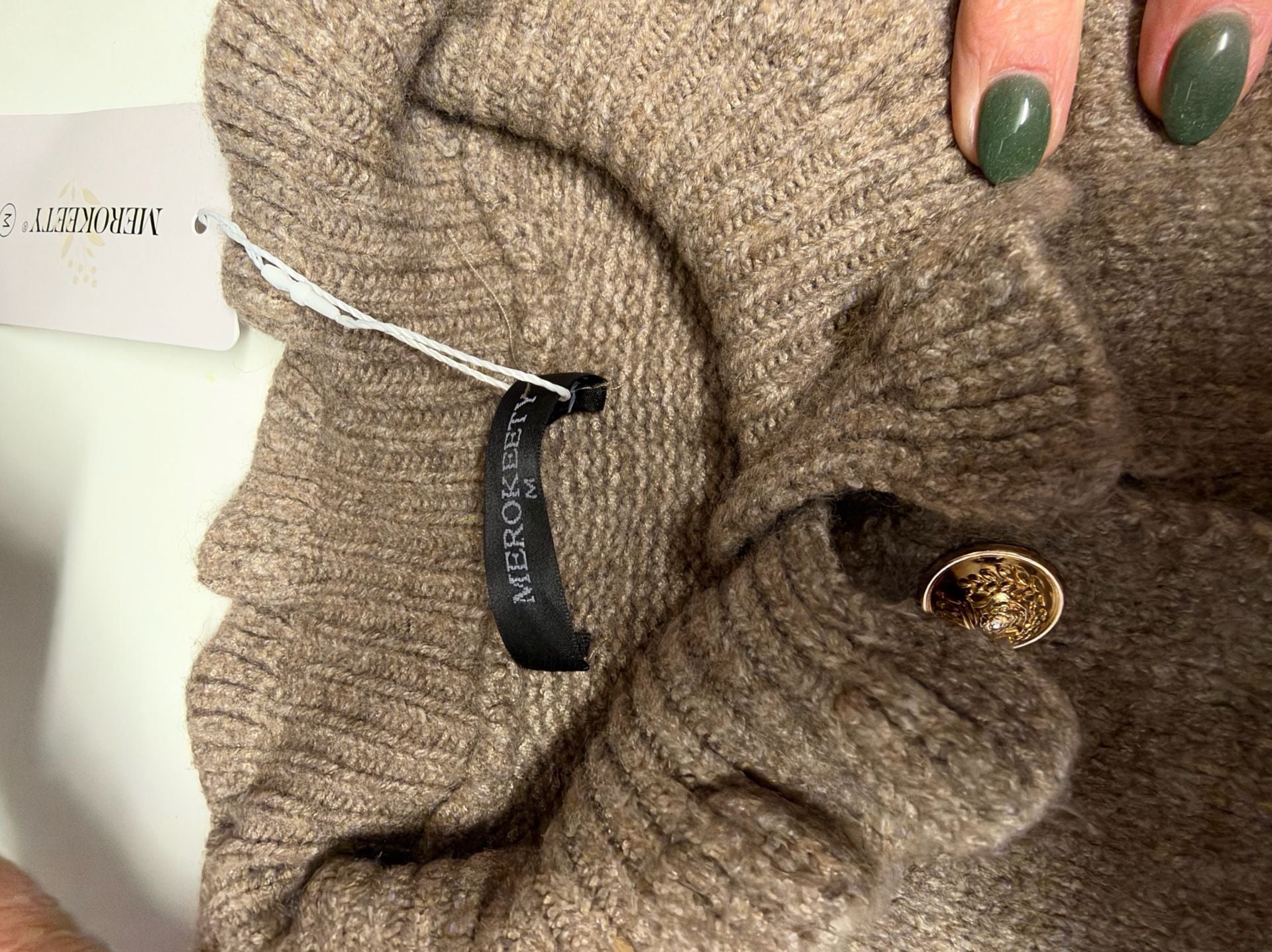 MEROKEETY Cardigan Sweater Brown Gold Buttons 6