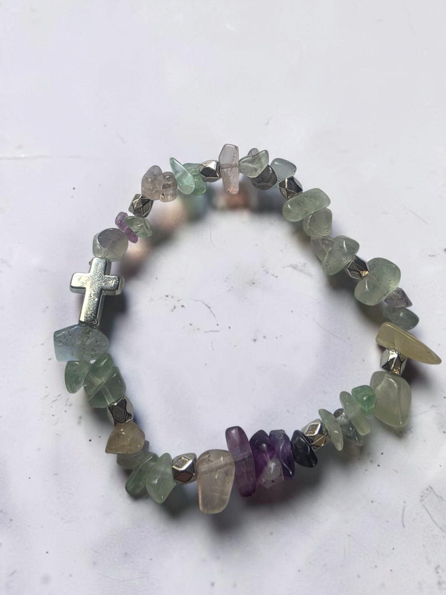 Fluorite Chip Bead Bracelet With Cross Charm 4