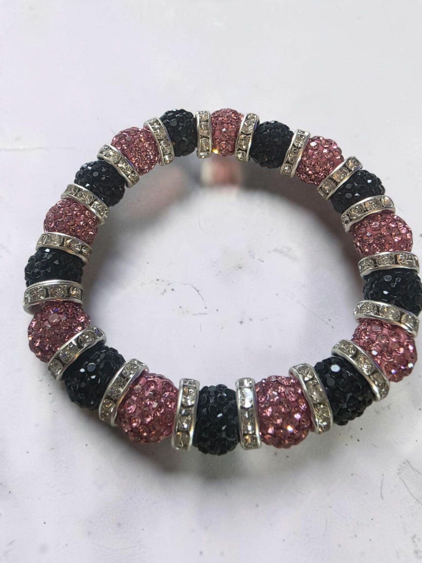Pink And Black Crystal Rhinestone Shamballa Bead Stretch Bracelet 2