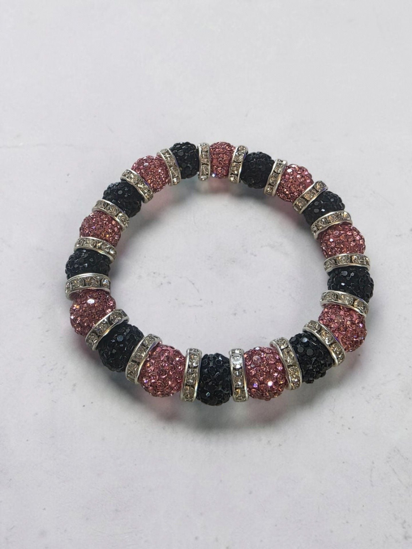Pink And Black Crystal Rhinestone Shamballa Bead Stretch Bracelet 3