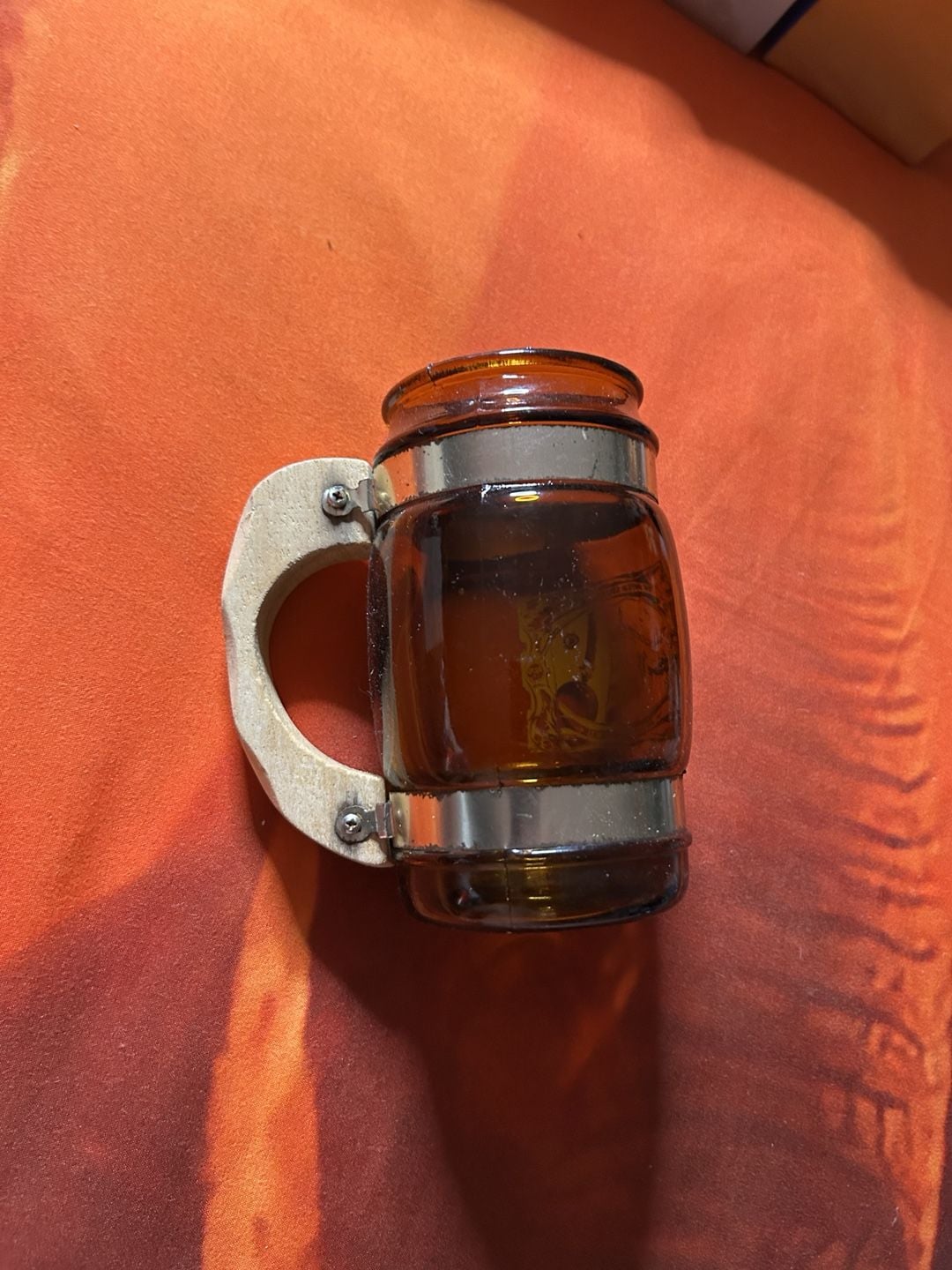 Vintage Bicentennial 1776-1976 Amber Glass Wooden Handle Beer Mug Stein 3