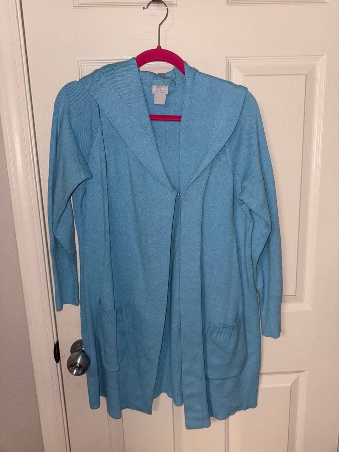 Chico's Zenergy Cardigan Sweater Size 1 Blue Hooded Open Front 2