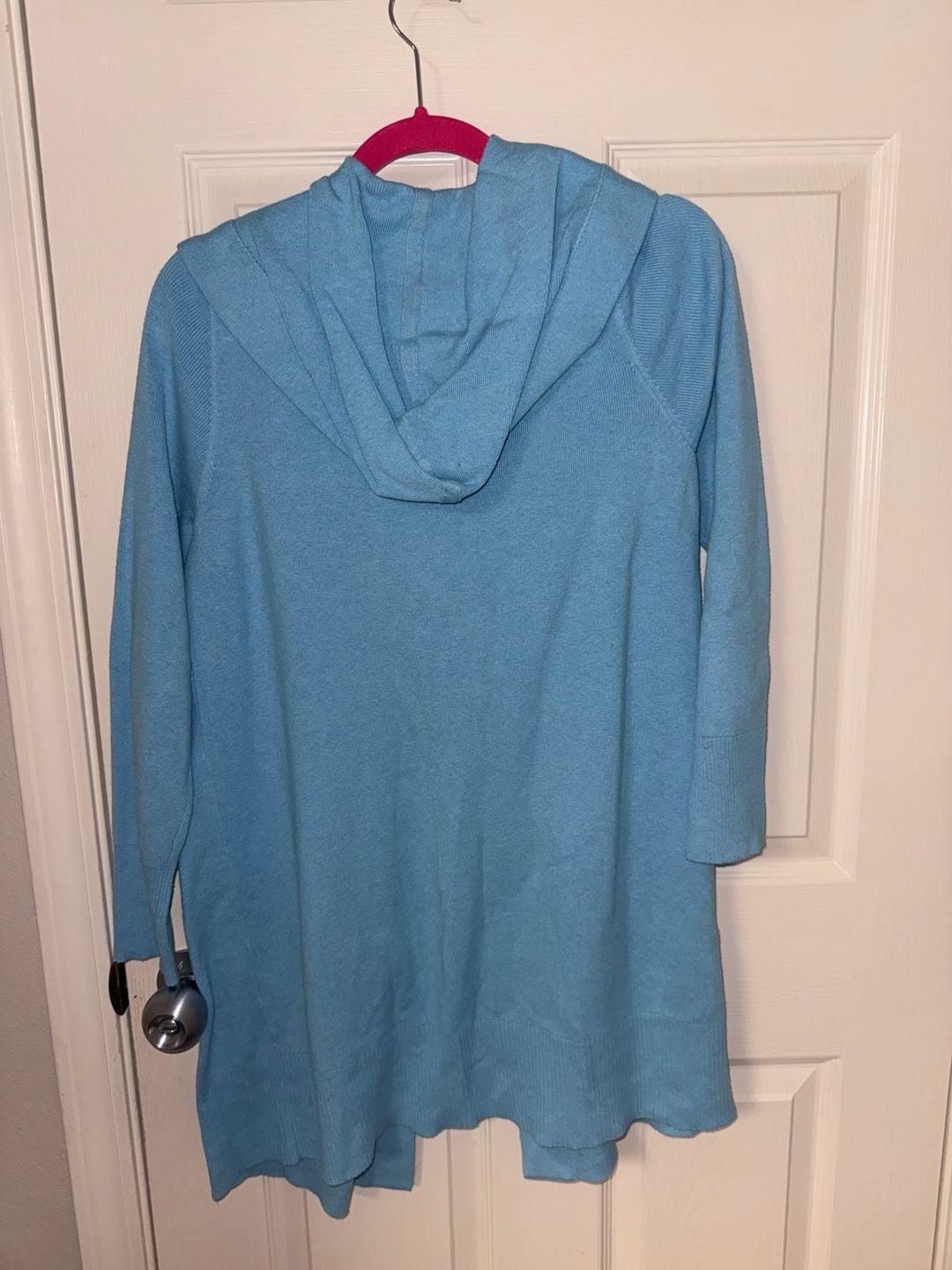 Chico's Zenergy Cardigan Sweater Size 1 Blue Hooded Open Front 4