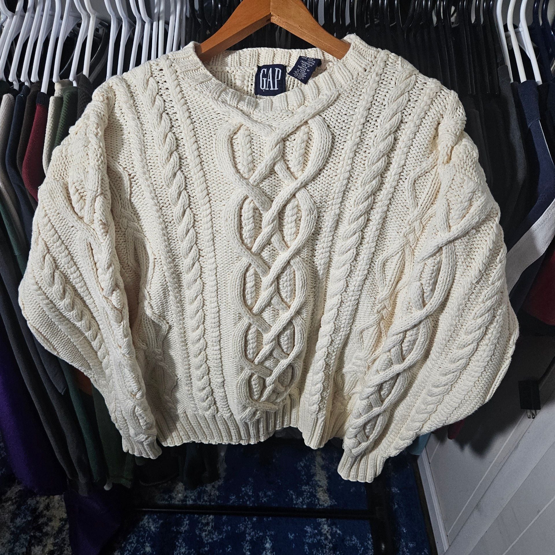Gap Hand Knit Cable Knit Fisherman Sweater Cream Cotton Vintage 2