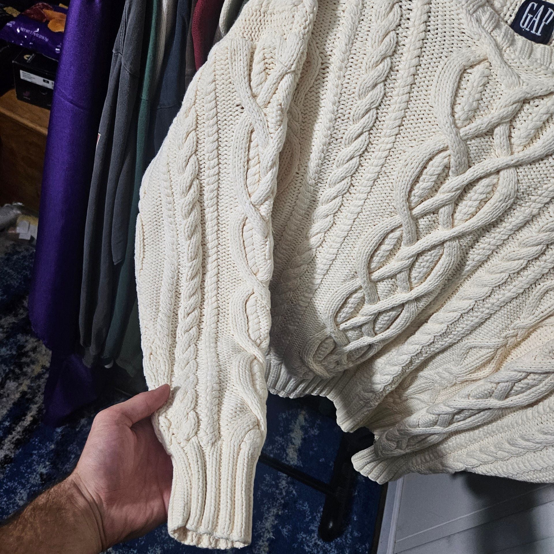 Gap Hand Knit Cable Knit Fisherman Sweater Cream Cotton Vintage 4