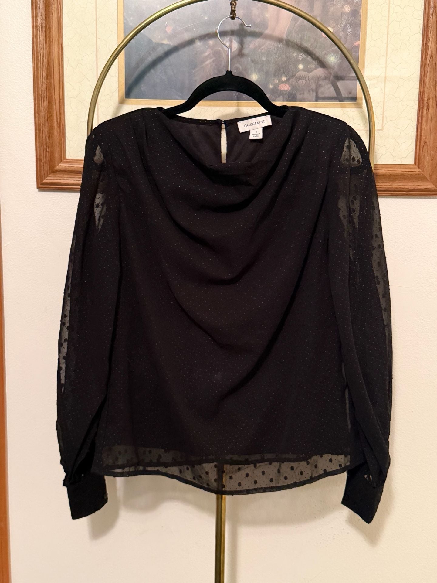 Calligraphie Black Sheer Polka Dot Blouse Size S 2