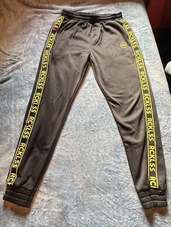 Young & Reckless Track Pants Size L Black Yellow Side Tape Logo 2
