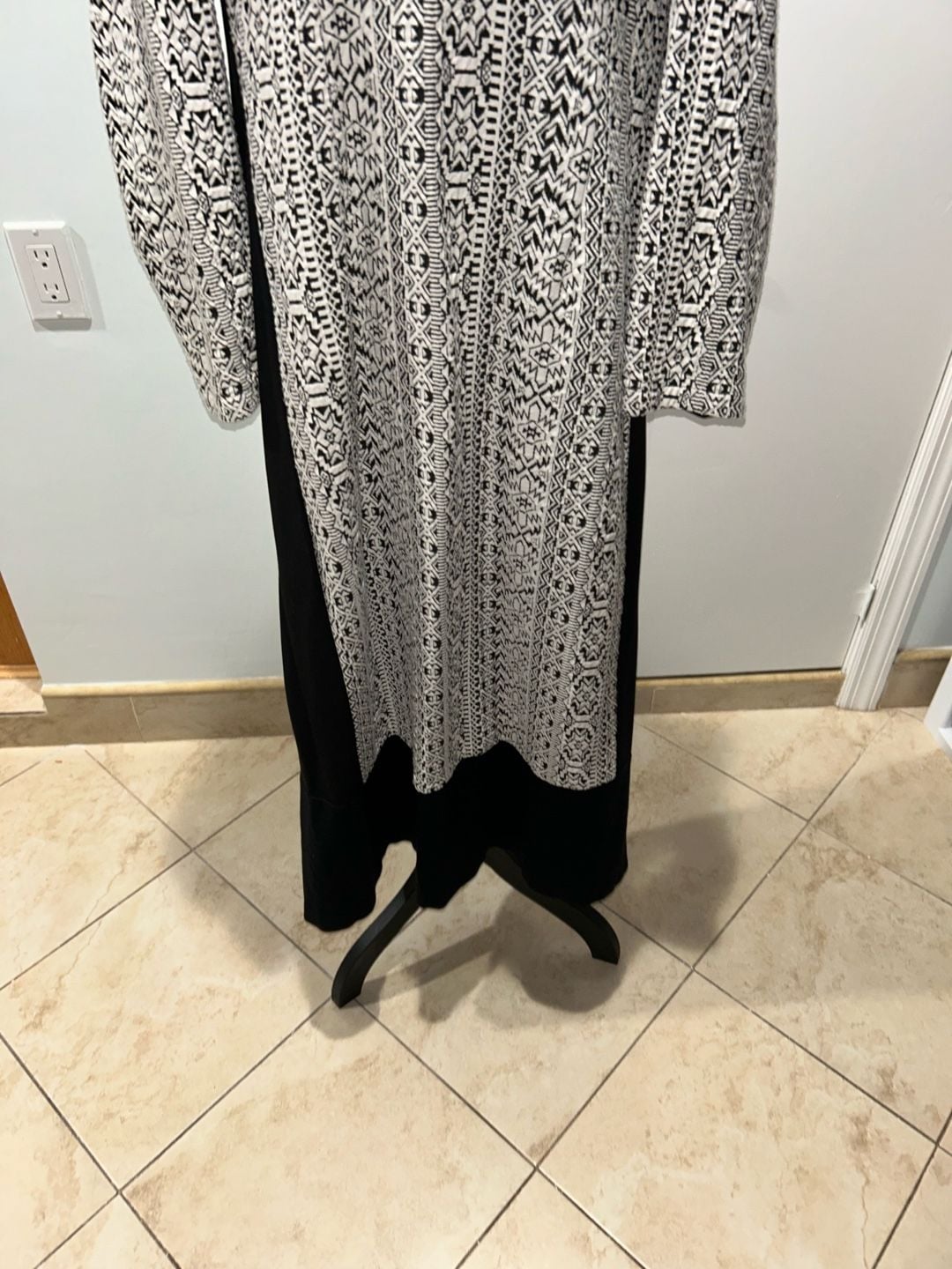 Long Sleeve Geometric Pattern Long dress Duster Black White 7