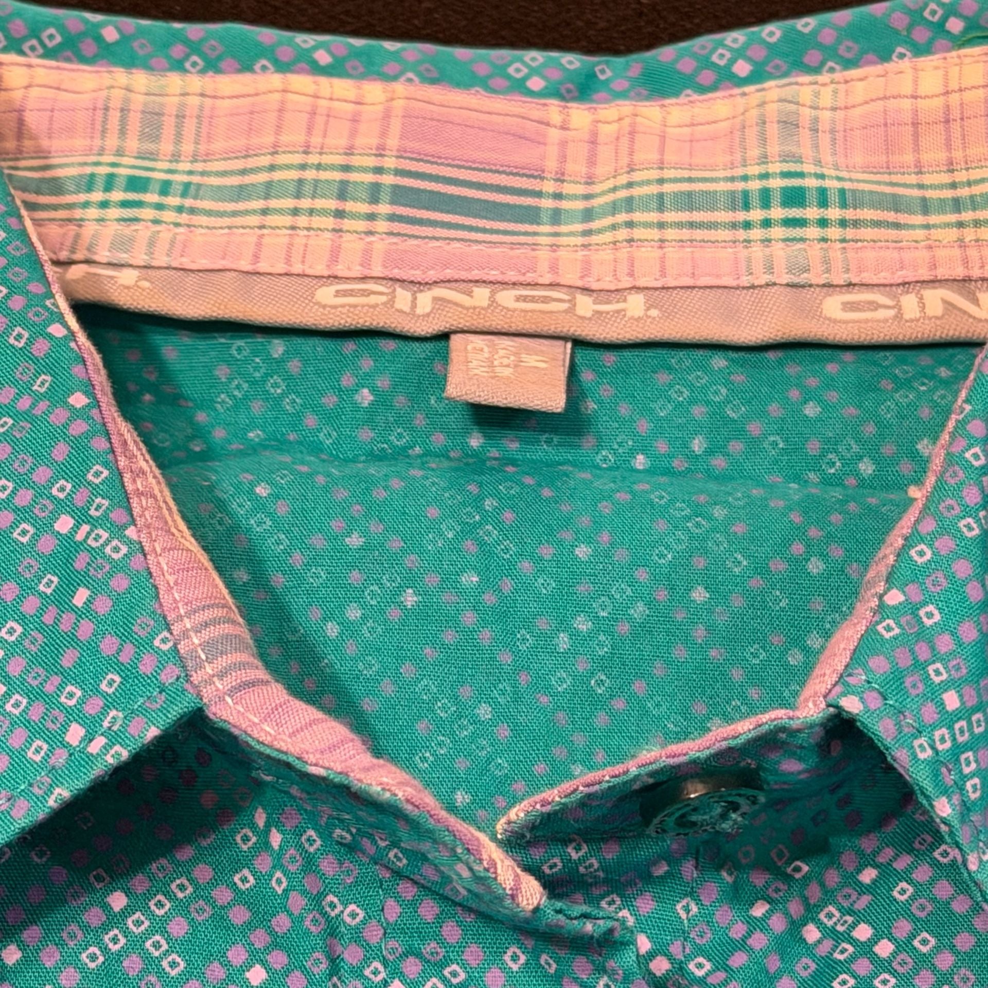 Cinch Womens Teal Medallion Print/Pink Plaid Long Sleeve Button Down Shirt 10