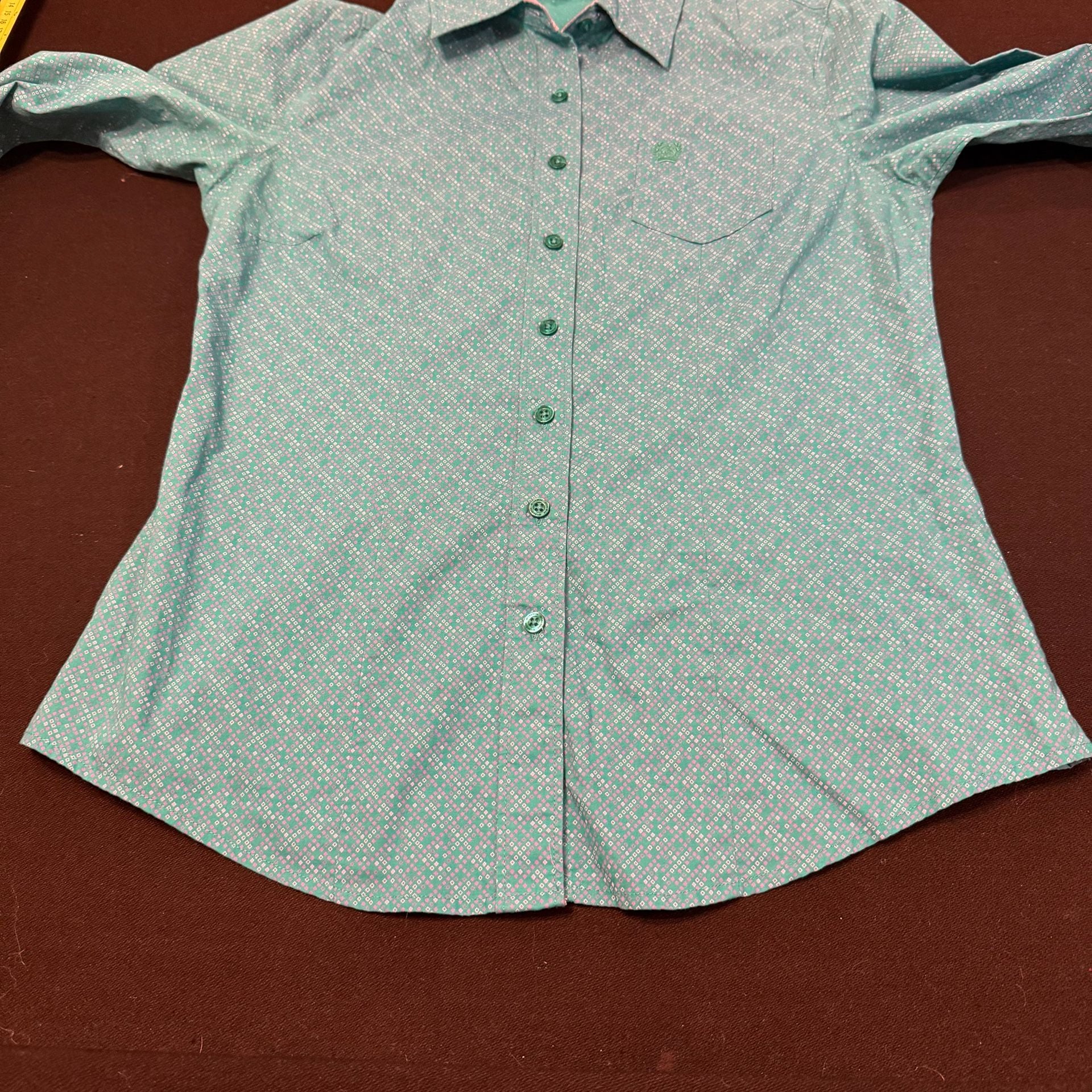 Cinch Womens Teal Medallion Print/Pink Plaid Long Sleeve Button Down Shirt 14