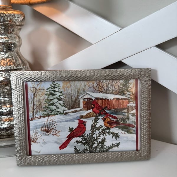 Winter Cardinals Covered Bridge Picture Frame Silver Textured 6x8