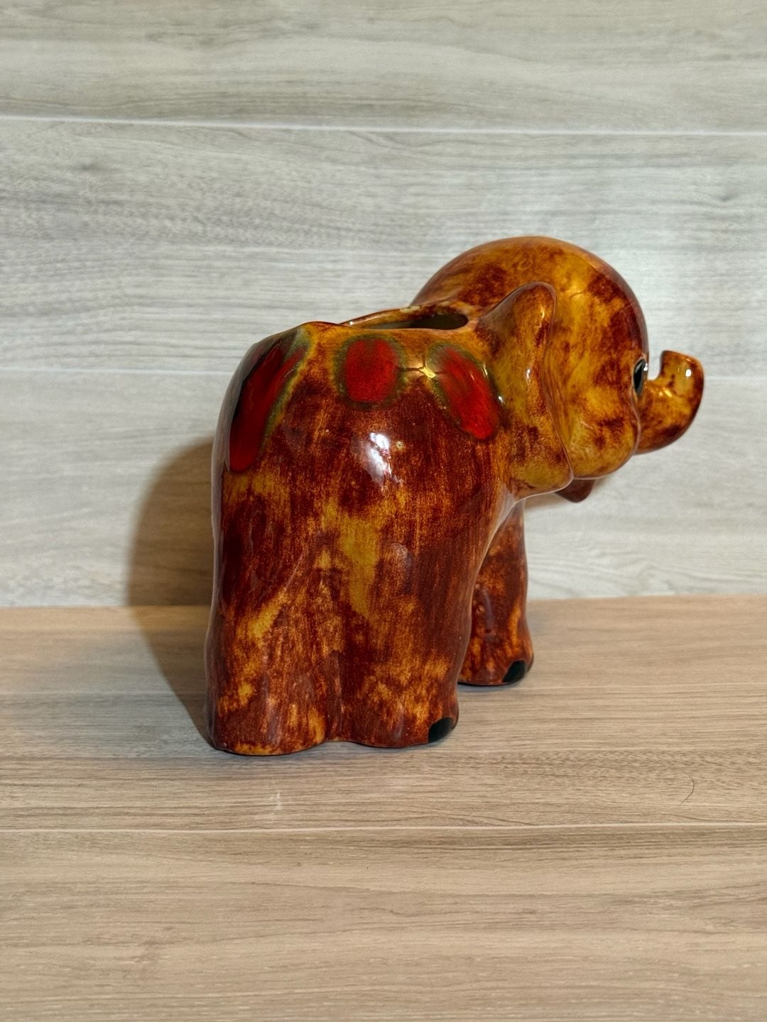 Vintage Ceramic Elephant Planter Figurine Brown Orange Drip 2