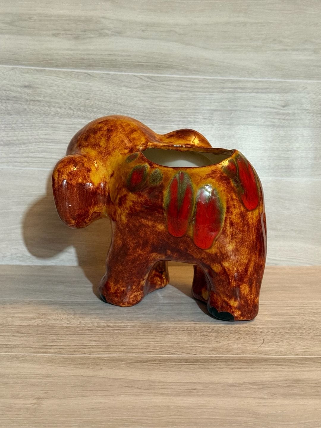 Vintage Ceramic Elephant Planter Figurine Brown Orange Drip 3
